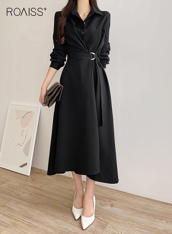 رويس فستان ميدي ملفوف بخصر عالٍ للنساء، فستان أنيق بأكمام طويلة وياقة قميص مع حزام، فستان معطف بسيط بتصميم A-Line يبرز جمال القوام مع تصميم يحدد الخصر، زي أنيق مناسب لفصل الخريف للعمل والمواعيد الرسمية، أسود - Image 3